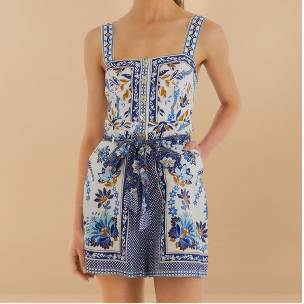 FARM Rio White and Blue Floral Romper
